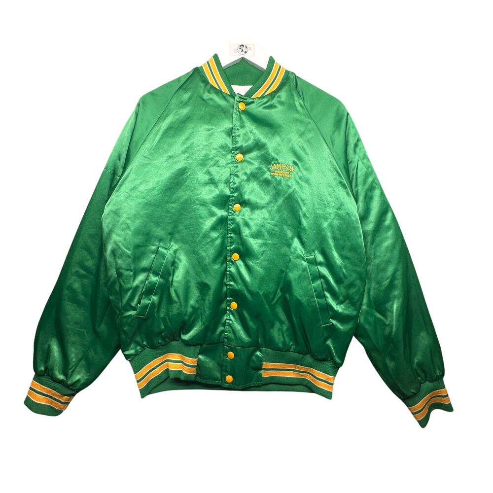 Vintage 80s 3 Strikes Jameson Irish Whiskey Bomber Satin Jacket Mens Large Snap